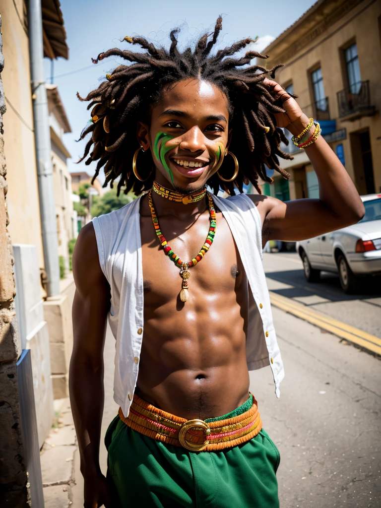 (best quality, masterpiece, high resolution: 1.2), raw photo, portrait, (1 young black man), Rastafarian, dressed as a Rastafarian, smiling, no front teeth, funny photo, sunny, huge earrings in his ears, standing on the street, Africa