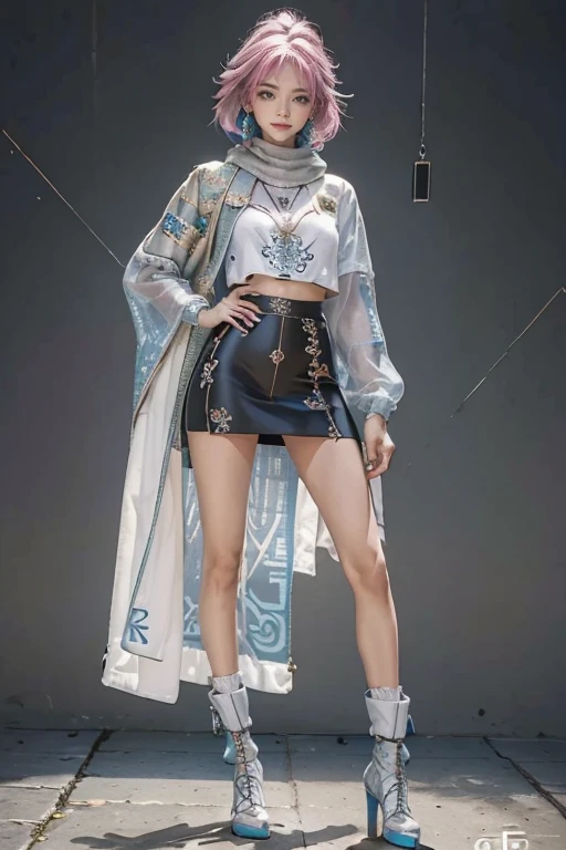 highest quality, Very detailed, masterpiece, Two women posing,(((Perfect female body))),Very beautiful face, Very beautiful body,Gentle expression, Very beautiful eyes,(Perfect Makeup:1.1),Fashion Model,pop punk fashion, Mullet Cut,Shaggy Hair,pink and blue hair:1.3, very thin body,Smart Abs,((Monogram pattern:1.3)),Various gradations,Fishnet blouse,Long pencil skirt,LED Light,Two-tone high top boots,A kind smile,Full body portrait,(Cyber City:1.3), (Shiny skin),(Earrings),Elegant scarves,See-through long shawl,Liquid Metal,gas mask,