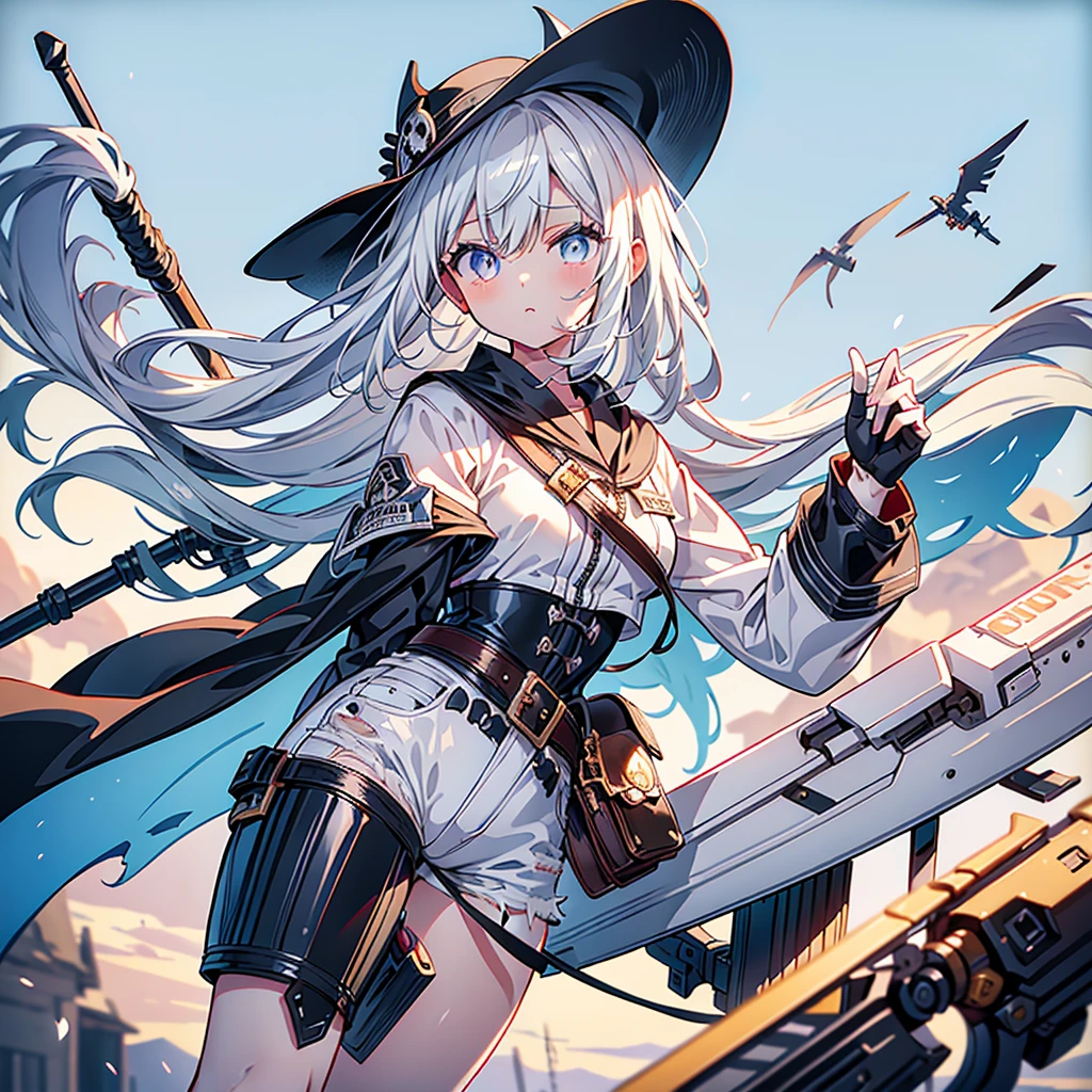 highest quality、Masterpiece、Official Art、The best composition、Western Hat、Western Boots、White bustier、hot pants、Gun hanging from waist、Wind、deep focus,absurdres、detailed eyes and face、minaba hideo、 Grim Reaper's Scythe、Future flying vehicleilky white hair with blue inner color、