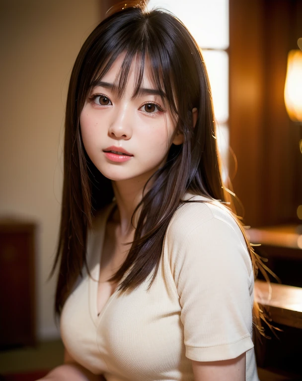 highest quality, Face Focus, Soft Light, Ultra-high resolution, (Realistic:1.4), RAW Photos,
1 Japanese girl, alone, cute, (student, Light enters the eyes),  beautiful, Detailed face, (Small breasts),(High resolution details of the human face.),
(Long Hair),
indoor,
Dark red shirt dress,
(Portraiture)