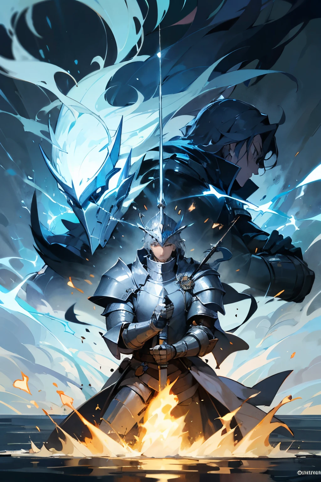 need to create a logo for the game, the title must be present "spellbound". three elements fire, water, electricity. a knight must be present