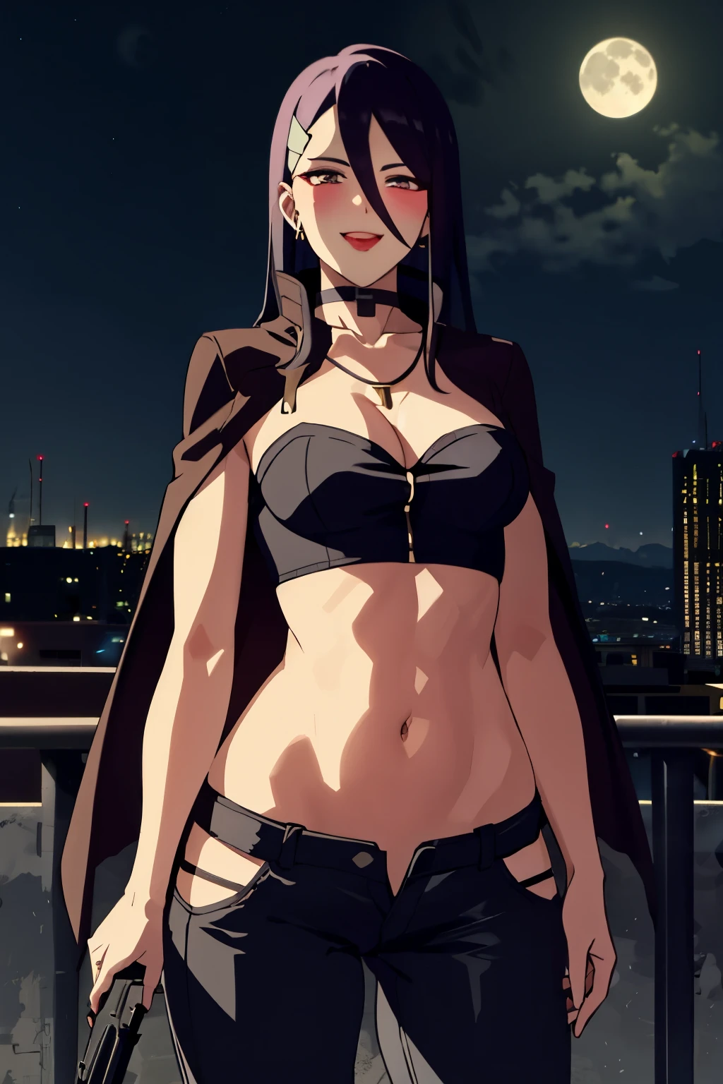 cyberpunk edgerunners, 1girl, black hair, blush, cape, choker, hair between eyes, long hair, outdoors, rooftop, cityscape, building, railing, night, night sky, scenery, moon, city lights, blush, lipstick, masterpiece, best quality, highly detailed, cross necklace, masterpiece, best quality, highly detailed, a girls with a gun, evil smile , open mouth, sexy gaze, badass pose , evil smile, smile, , guns blazing, anime girl with long hair, beautiful long haired girl, navel, evil expression, exposed belly, exposed navel, exposed midriff, exposed lower belly, long black pants, crop top, cleavage, unbuttoned leather pants ,open fly, low rise black leather pants, leather jacket, holding a gun, outdoor,street,road,