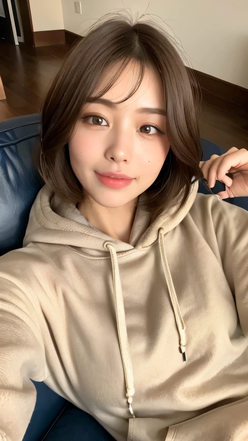 ((highest quality, 8k, masterpiece: 1.3)), 1 female, Japanese Idols,Sensual beauty: 1.3, (Hair style brown hair short hair, big: 1.2), hoodie: 1.1, Very friendly face, Delicate eyes, double eyelid, Dimples,Mole, Sit on the sofa,relax,smile,Plump body,mole,very thick paws,Moe sleeves,Cowboy shot from above,
