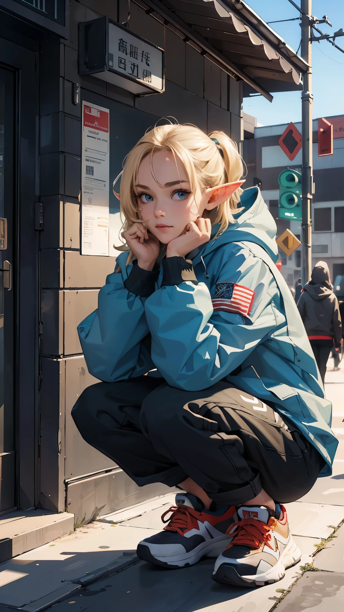 (highest quality, 8k, 32k, masterpiece, Ultra-high resolution):1.2, Blurred Background, Great photo with beautiful saturation, Ultra-high resolution,(Realistic:1.4)),Deep Shadow,(highest quality), ultra Realistic,32k,Highly detailed CG Unity 8k wallpaper, highest quality, (Detailed face, Perfect Face, Perfect Eyes, Realistic eyes),1 girl,Trendy clothes,clock,sneakers,Squat down,Hands hang down naturally,Hooded jacket,Street side,(Elf),(Blonde)