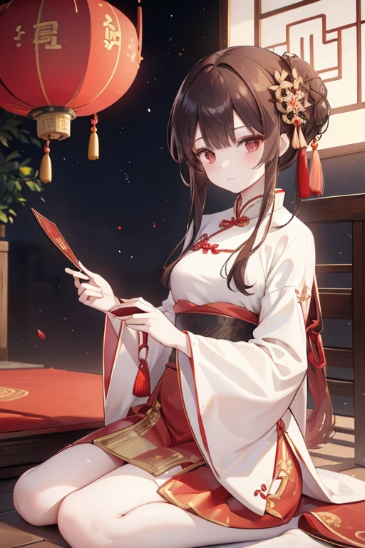there is a woman in a red dress holding a fan, brown hair, hanfu, chinese costume, chinese dress, chinese style, palace , a girl in hanfu, traditional chinese, chinese princess, traditional chinese clothing, white hanfu, cheongsam, traditional beauty, wearing ancient chinese clothes, anime girl , with acient chinese clothes