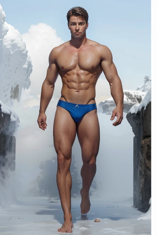 full full Body photorealistic Illustration a a very handsome and sexyness man, he is a wizard, he has deep blue eyes, very nice abs, he shirtless chest, skimpy thong underwear, magic swirls, white fog