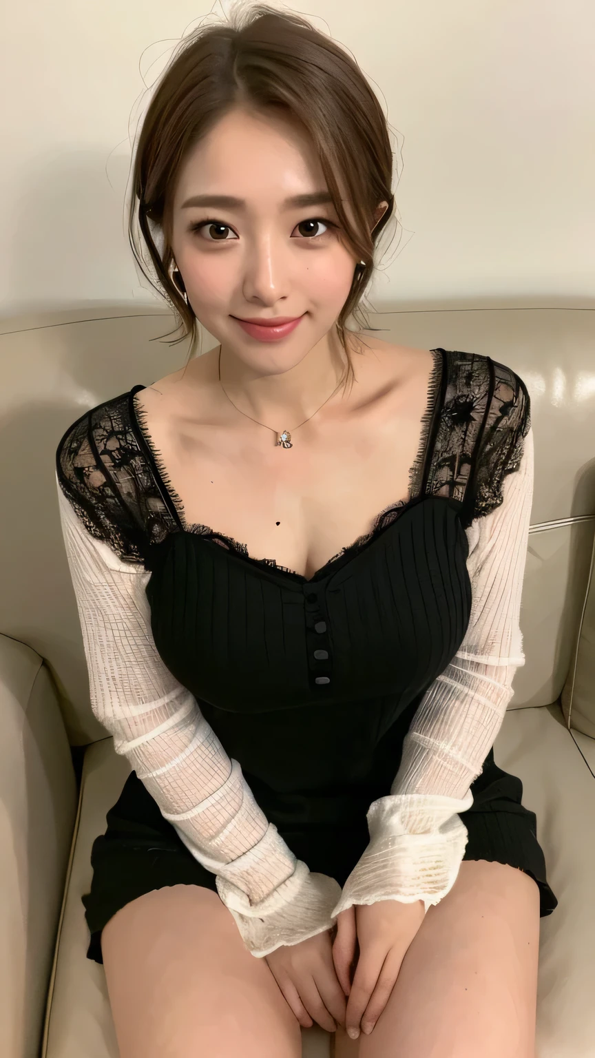 ((highest quality, 8k, masterpiece: 1.3)), 1 female, Japanese Idols,Sensual beauty: 1.3, (Hair style brown hair short hair, big: 1.2), Nightwear: 1.1, Very friendly face, Delicate eyes, double eyelid, Dimples,Mole, Sit on the sofa,relax,smile,Plump body,mole,very thick paws,Moe sleeves,Cowboy shot from above,One knee up,
