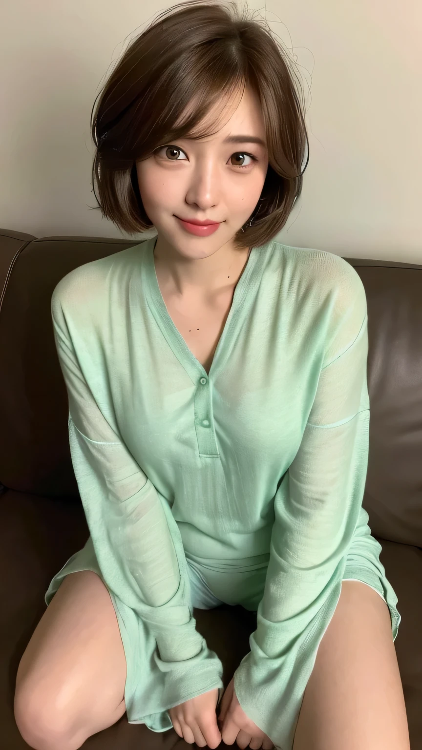 ((highest quality, 8k, masterpiece: 1.3)), 1 female, Japanese Idols,Sensual beauty: 1.3, (Hair style brown hair short hair, big: 1.2), Nightwear: 1.1, Very friendly face, Delicate eyes, double eyelid, Dimples,Mole, Sit on the sofa,relax,smile,Plump body,mole,very thick paws,Moe sleeves,Cowboy shot from above,One knee up,