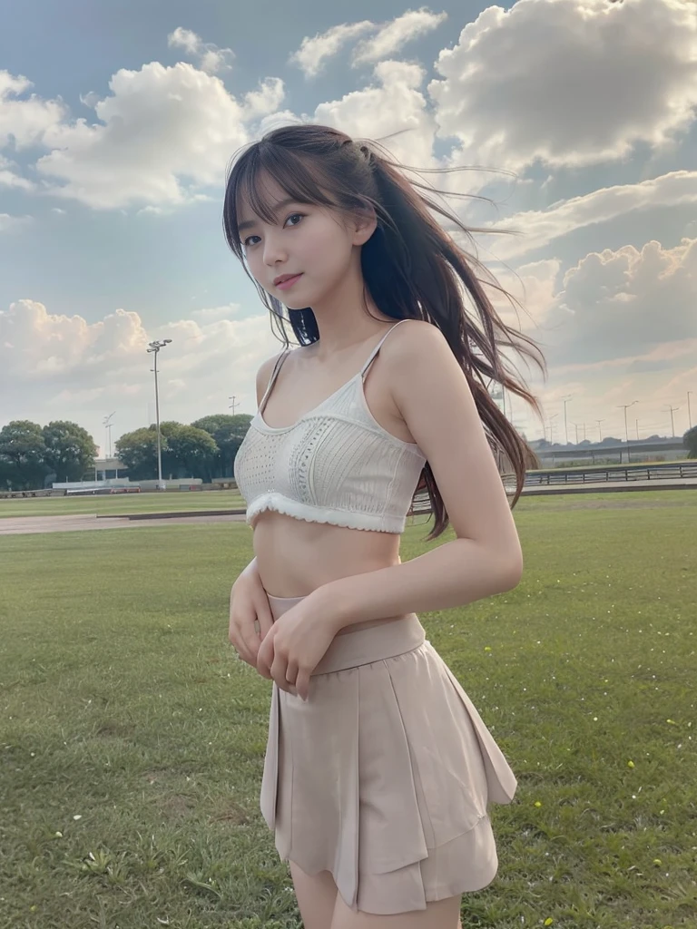 (masterpiece, highest quality:1.4), Award-winning portraits, 8k, 85mm, alone, Beautiful Face, Delicate girl,  (Cheerleader、On the grass), Sophisticated, cute, , RAW Photos, Confused, High resolution, Sharp focus, Background Blur、(((flat  、thin and delicate body、Childish atmosphere)))、shiny semi-long hair、ponytail、Mole on the left cheek、 Dark blue eyes、the skirt is swaying in the wind、Hair swaying in the wind、sexy、flexible legs