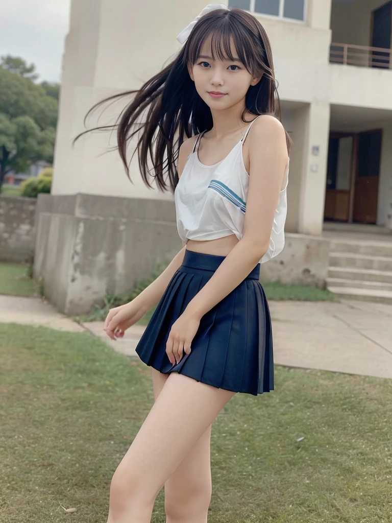 (masterpiece, highest quality:1.4), Award-winning portraits, 8k, 85mm, alone, Beautiful Face, Delicate girl,  (Cheerleader、On the grass), Sophisticated, cute, 15 years old, RAW Photos, Confused, High resolution, Sharp focus, Background Blur、(((flat  、thin and delicate body、Childish atmosphere)))、shiny semi-long hair、ponytail、Mole on the left cheek、 Dark blue eyes、the skirt is swaying in the wind、Hair swaying in the wind、sexy、flexible legs