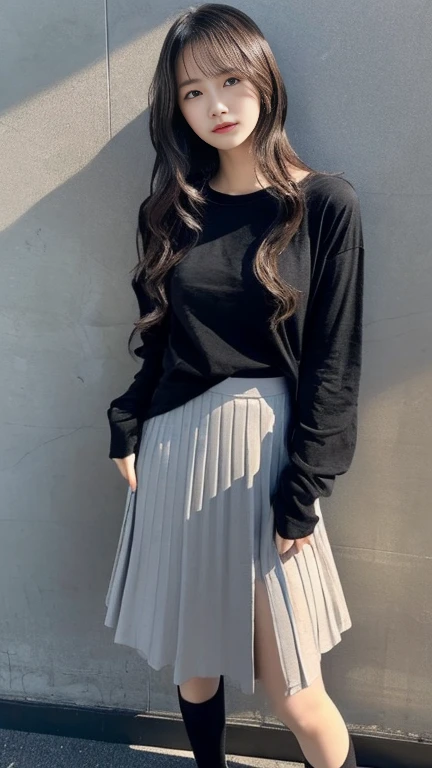 Young Japanese Woman、(Slender women、slender),、(Long Hair,Light Wave、curl),Beauty、cute、(Grey long sleeve,tight long t-shirt),(Black Skirt、Emphasizes hip line),(Mid-chest、The unevenness of the body is noticeable)、(Black shoes、Heel)