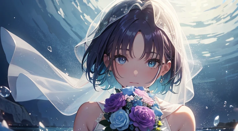(She hides her mouth with a bouquet of beautiful flowers),subject: "Complexities hidden under the veil" Style: Photorealism, 8K, Explanation of degrees of freedom: Visualize stunning woman in hijab, however、Below the surface of the water, Reveals complex trypophobial patterns that are only noticeable on close inspection. Balancing beauty with unsettling complexity.(top-quality、high-detail、​masterpiece:1.2、)、illustratio、natta、1girl in、(Pure White Wedding Dresses)、Waiting for a kiss、looking at the viewers、happiness、Toru Asakura、blue hairs、earrings、gradation hair、multi color hair、Parted bangs、Purple hair、The upper part of the body、Extreme close-up view、HDR、UHD、8K、Glowing eyes,　starrysky、short cut hair、Eyes shining through a translucent veil、floating hair, shiny hair,outdoors, wind,sparkling pupils, sparkling pupils, happy、
