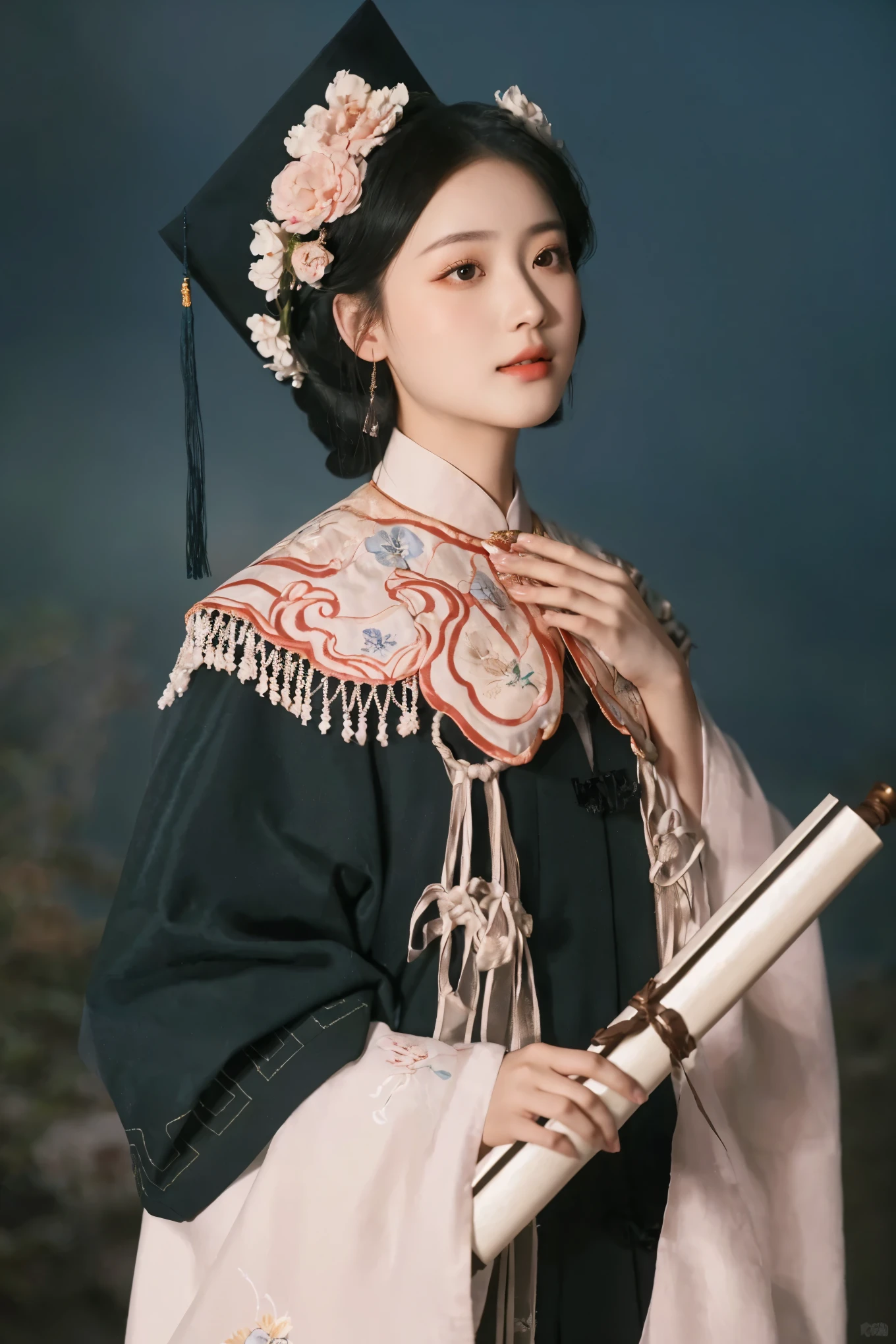 A woman in graduation gown、Close-up of woman holding fan, palace , a girl in Hanfu, , Hanfu, Wearing Chinese clothes, 穿着Chinese Clothing, Chinese Clothing, Traditional Beauty, white Hanfu, Chinese Princess, Traditional clothing, Traditional clothing