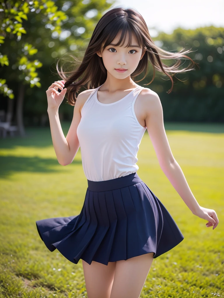 (masterpiece, highest quality:1.4), Award-winning portraits, 8k, 85mm, alone, Beautiful Face, Delicate girl,  (Cheerleader、On the grass), Sophisticated, cute, 15 years old, RAW Photos, Confused, High resolution, Sharp focus, Background Blur、(((flat  、thin and delicate body、Childish atmosphere)))、shiny semi-long hair、ponytail、Mole on the left cheek、 Dark blue eyes、the skirt is swaying in the wind、Hair swaying in the wind、sexy、flexible legs