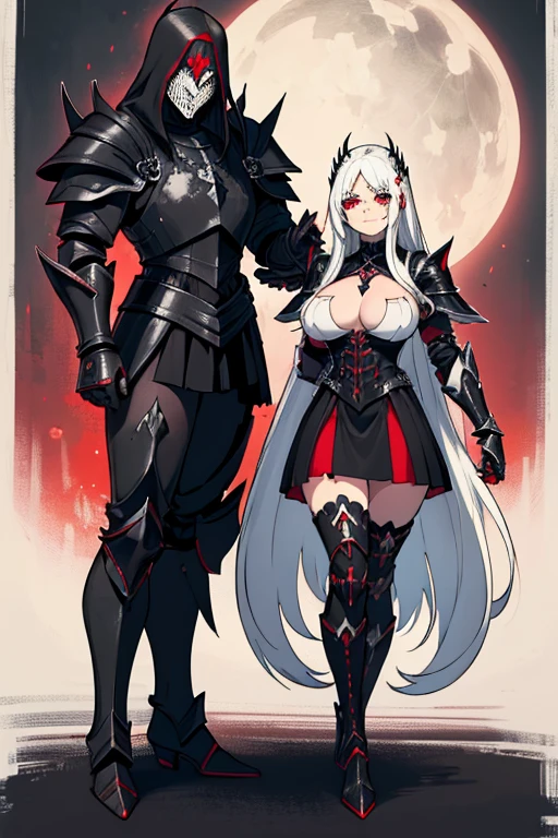 female, white long hair, red eyes, (((1girl))), (((black metal armor))), (black metal clawed gauntlets), (black metal heeled boots), (black metal helm), (red skirt), cute and sexy, full body, huge breasts, huge butt, long legs, smiling, battle ax