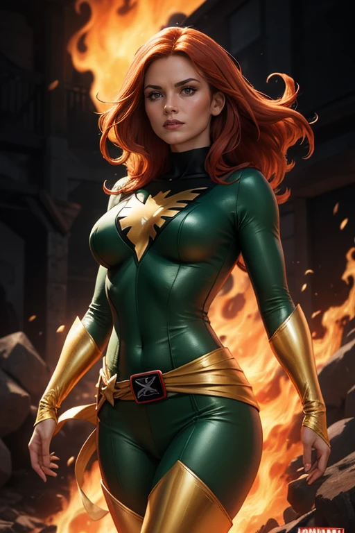 Jeangrey,X-men,Pheonixcostume,superhero,vibrantcolors,fierceexpression,detailedeyes,longredhair,burningflames,telekinesis,emotional,intensebattle,mysticalbackground,bestquality,highreshighlightedoutline,comicbookstyle,widescreenformat,contrastadjusted,hdr,crispdetails,energeticlighting, large breasts, sexy, 4k, best quality, highly detailed background, extremely high-quality graphics, ultra detailed