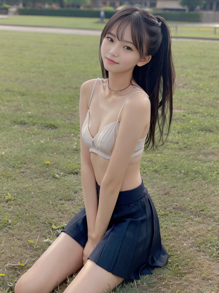 (masterpiece, highest quality:1.4), Award-winning portraits, 8k, 85mm, alone, Beautiful Face, Delicate girl,  (Cheerleader、On the grass), Sophisticated, cute, ************, RAW Photos, Confused, High resolution, Sharp focus, Background Blur、(((flat  、thin and delicate body、Childish atmosphere)))、shiny semi-long hair、ponytail、Mole on the left cheek、 Dark blue eyes、the skirt is swaying in the wind、Hair swaying in the wind、sexy、flexible legs