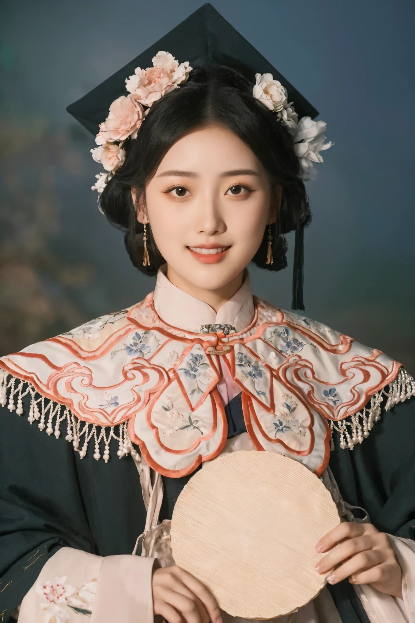 A woman in graduation gown、Close-up of woman holding fan, palace , a girl in Hanfu, , Hanfu, Wearing Chinese clothes, 穿着Chinese Clothing, Chinese Clothing, Traditional Beauty, white Hanfu, Chinese Princess, Traditional clothing, Traditional clothing
