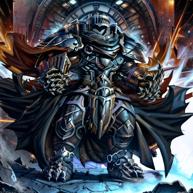 (masterpiece, best quality, detailed:1.2) barrel(live a hero), detailed full body, a knight's mechanical armor, glowing wide and heavy armor, wears full body armor. massive muscles, huge pecs, chiseled abs, huge pectorals, exaggeratedly huge muscles. wearing a cloak. unusually developed muscular body big muscle, pecs, triceps, traps, waist narrow, unusually developed muscular body, Dark knight, BlackKnight_fe, The claws are sharp, Sharp teeth, He wears a black cloak on his back.