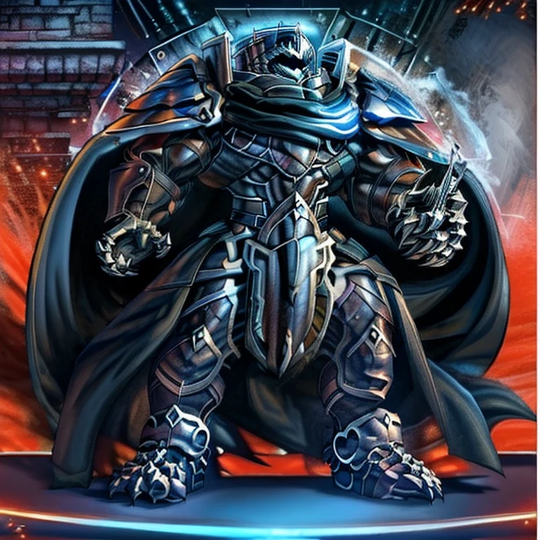 (masterpiece, best quality, detailed:1.2) barrel(live a hero), detailed full body, a knight's mechanical armor, glowing wide and heavy armor, wears full body armor. massive muscles, huge pecs, chiseled abs, huge pectorals, exaggeratedly huge muscles. wearing a cloak. unusually developed muscular body big muscle, pecs, triceps, traps, waist narrow, unusually developed muscular body, Dark knight, BlackKnight_fe, The claws are sharp, Sharp teeth, He wears a black cloak on his back.