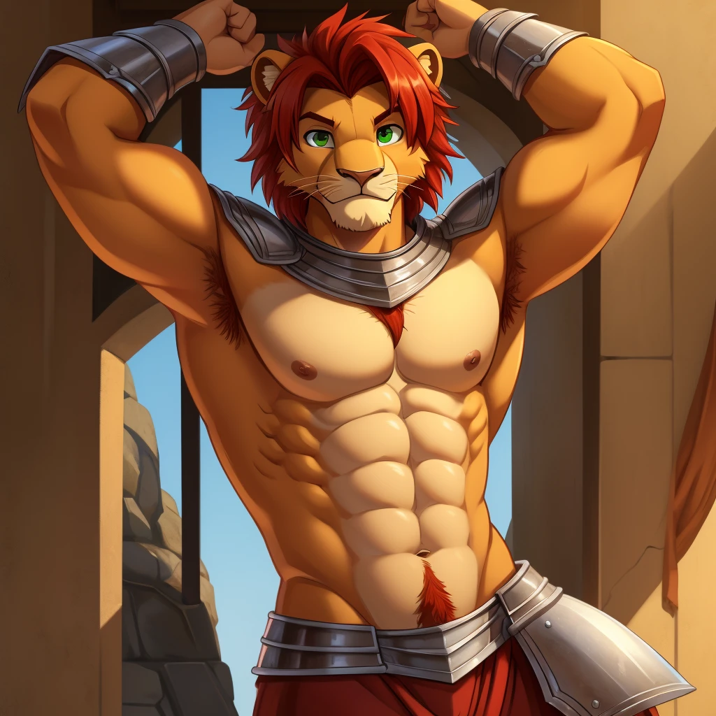 simba, a furry lion, furry, shirtless, muscular, male, masculine, red hair, yellowish fur, green eyes, hands up behind head, red hairy armpits, cartoony, illustration, sharp focus, smooth colors, short length hair, two blogs haircut, young guy, topless, big pecs, alone, single, smooth lining, young guy, youth, armor, pauldrons, lower armor, knight dark silver armor