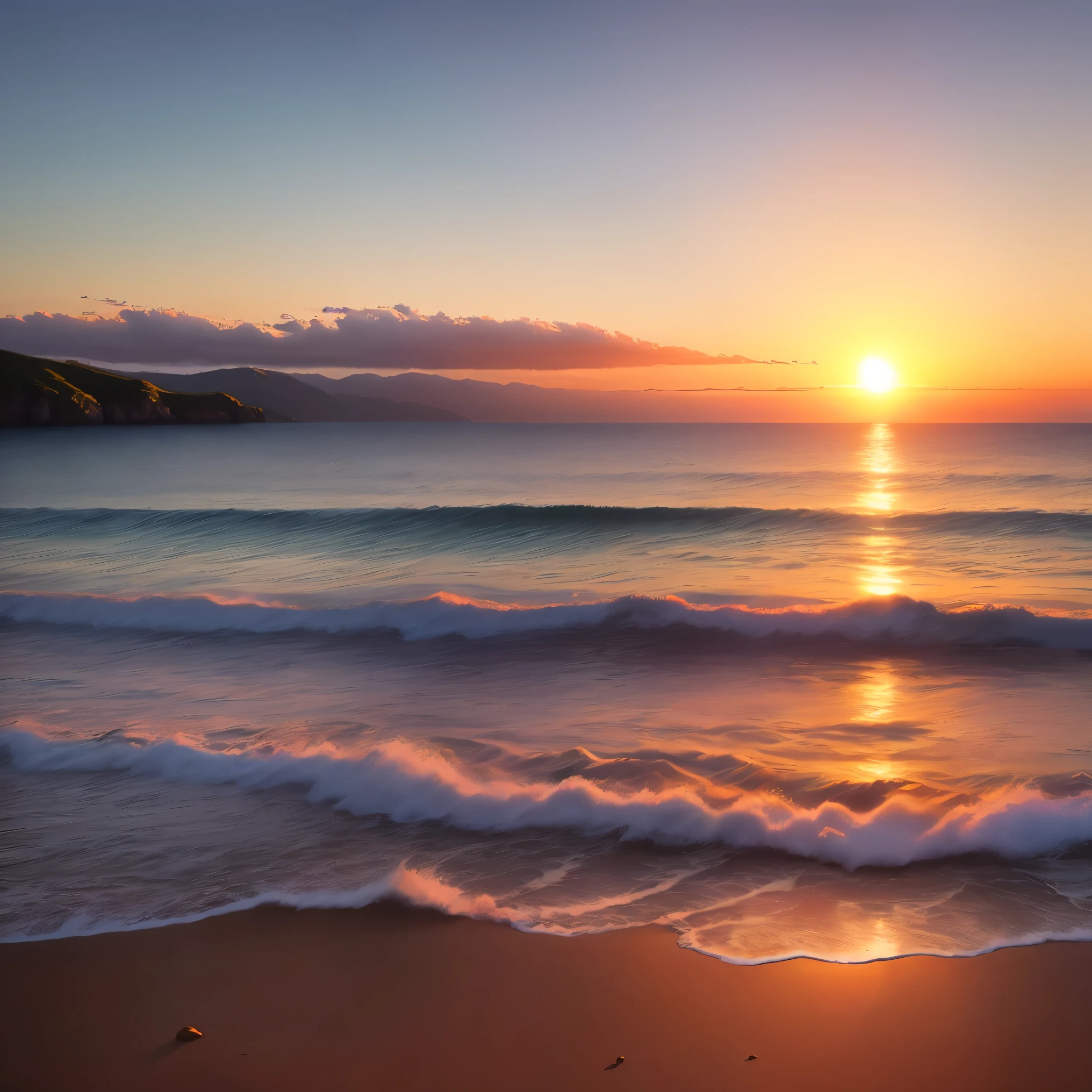 Realistic sunset over the sea between the hills