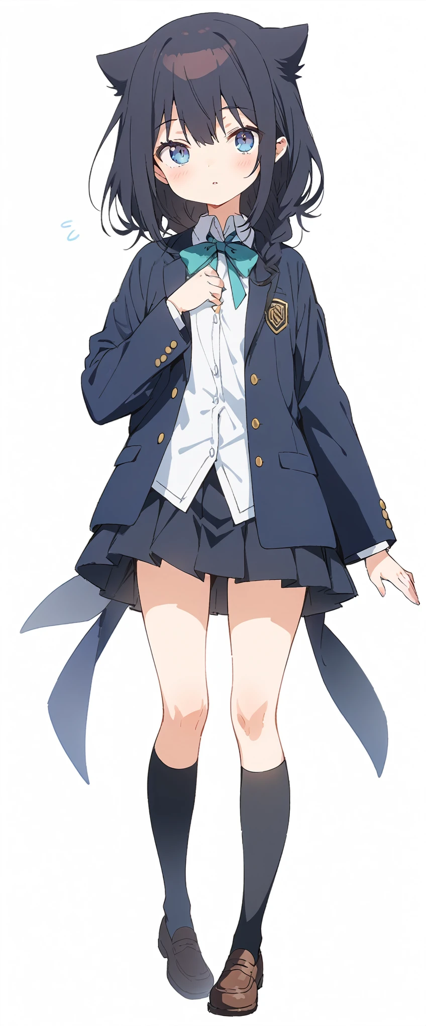 White background、Solid white background、Blank background、Ultra-high resolution, highest quality,Solo,just standing girl, One Girl、Full body view from the front、fish-bone braid hair、Fishbone Hair、black hair、beautiful detailed eyes、Black hair × Blue eyes、blue eyes、sleeping face、Flat Chest、Black long sleeve blazer,Black pleated skirt、Knee-high socks、loafers