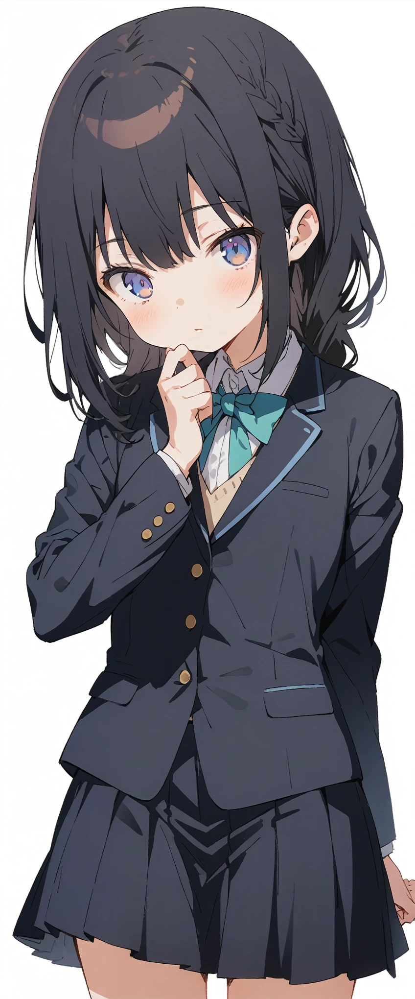White background、Solid white background、Blank background、Ultra-high resolution, highest quality,Solo,just standing girl, One Girl、Full body view from the front、fish-bone braid hair、Fishbone Hair、black hair、beautiful detailed eyes、Black hair × Blue eyes、blue eyes、sleeping face、Flat Chest、Black long sleeve blazer,Black pleated skirt、Knee-high socks、loafers