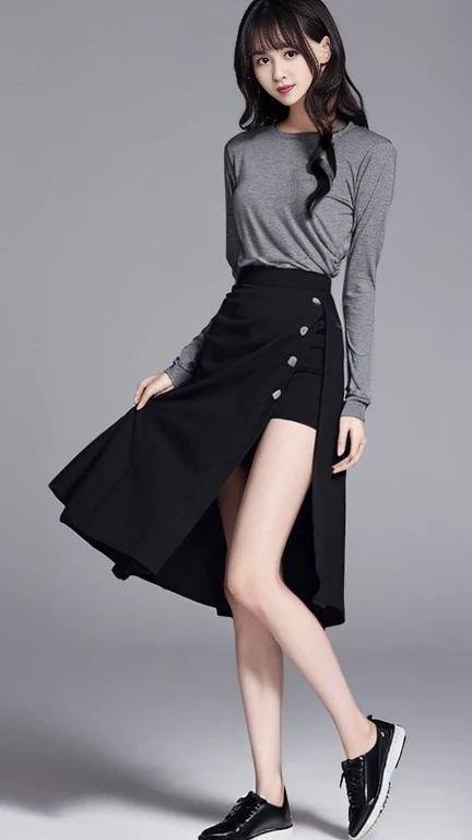 Young Japanese Woman、(Slender women、slender),(Long Hair,Light Wave、curl),Beauty、cute、(Grey long sleeve,A tight fitting long T-shirt、tight long t-shirt:1.3),(A skirt made of thin fabric、Black Skirt、Design that emphasizes the hip line:1.3),(Mid-chest、The unevenness of the body is noticeable:1.3)、(Black shoes、Heel)