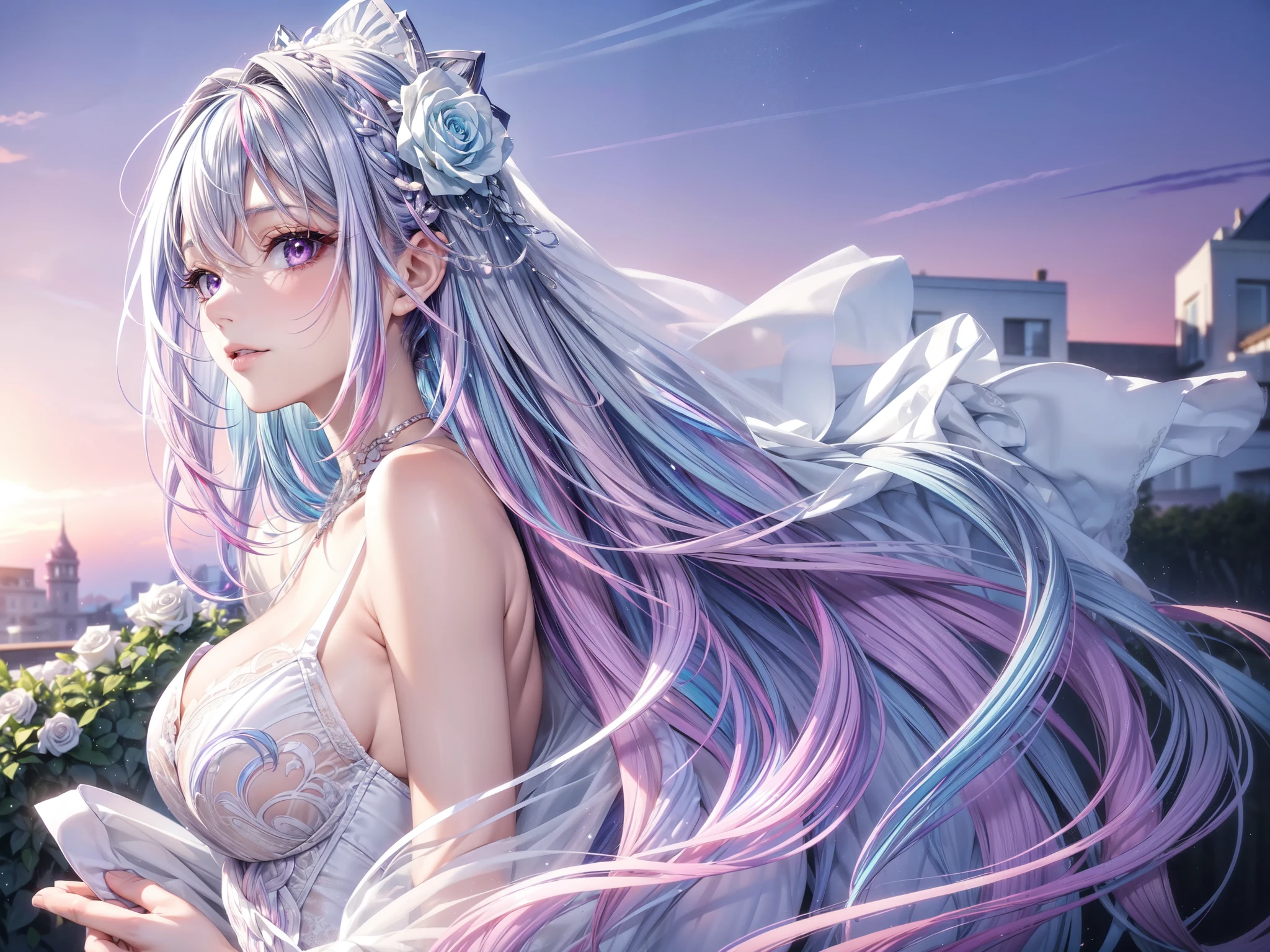 (masterpiece, best quality, beautiful and aesthetic:1.3), look back, side view, 1girl, solo, light smile,  (Silver blue hair streaked pink purple:1.4), (Gradient sky blue hair ends:1.6), hair strand, absurdly long hair, single sidelock, wavy hair, shiny hair, floating hair, (deep purple eyes), delicate eyes, aqua eyes, super high detailed eyes, long upper eyelashes, makeup, Focus on face, Very detailed facial, Pretty Face, Perfect breasts, hot body, (Delicate skin texture:1.2), bridal veil, lace-trimmed dress, see-through, wedding dress, outdoors, white roses, garden, morning, standing, extreme detailed, 