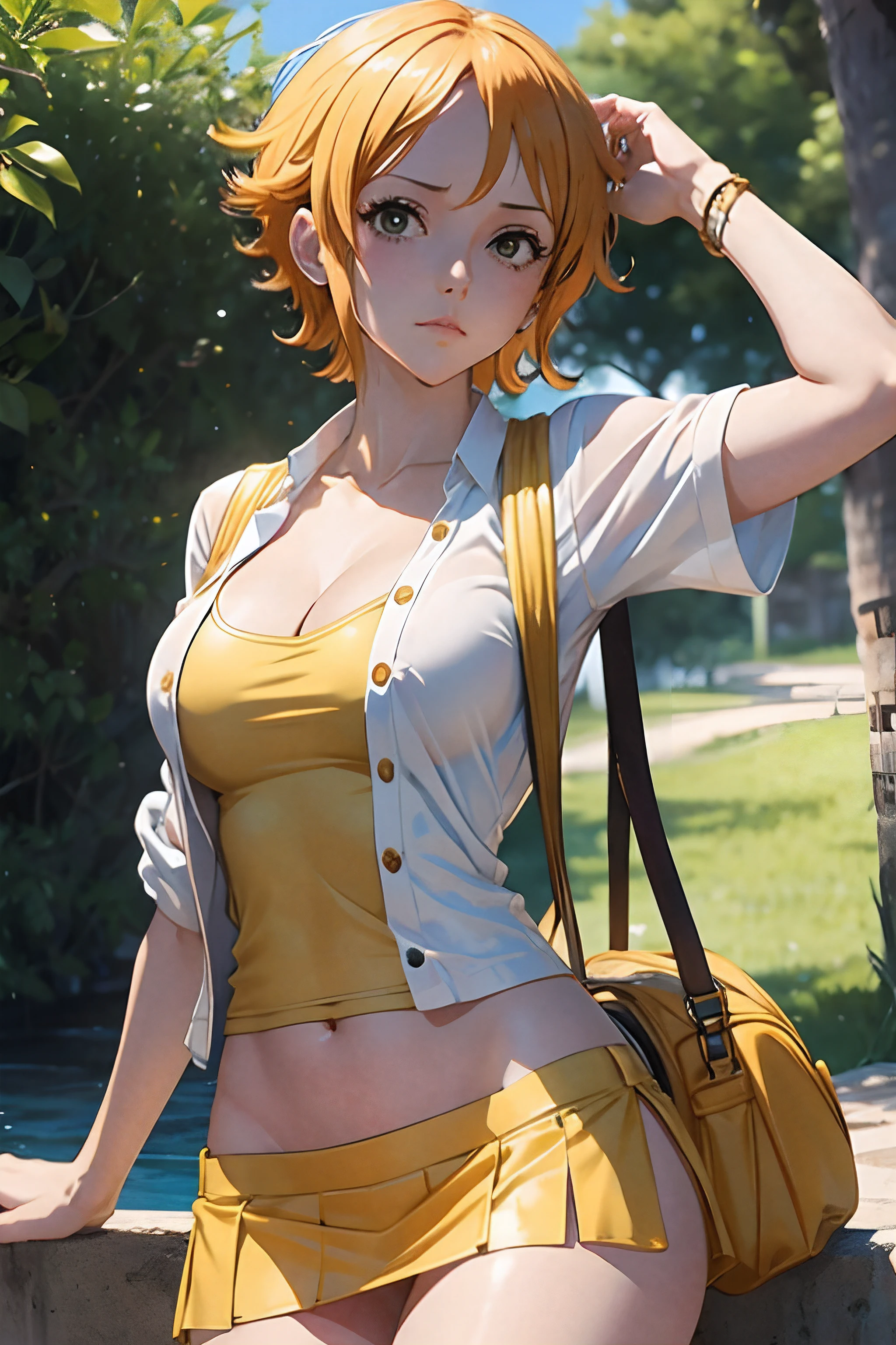 very  NSFW nami (one piece) short hair. Wearing white shiry and yellow.mini skirt