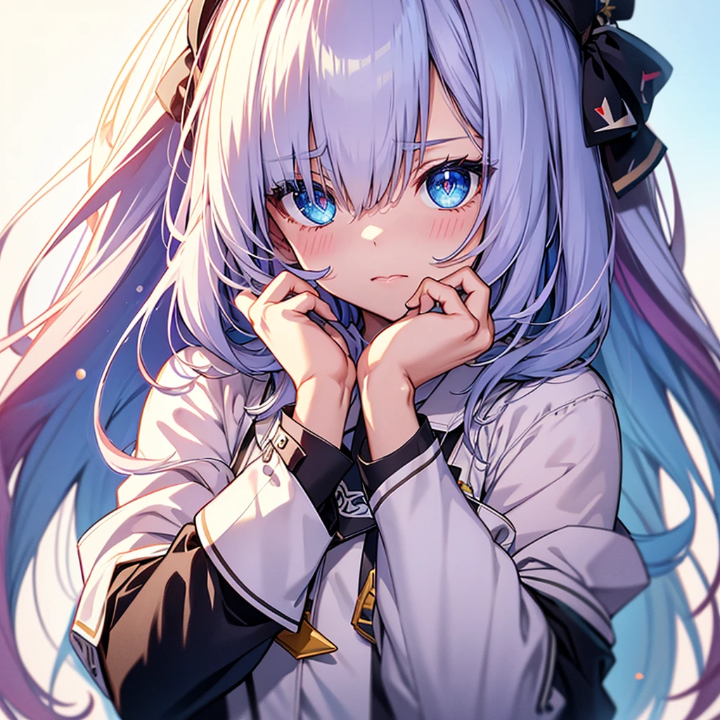 vtuber-halfbody、Bangs shorter than eyebrowasterpiece、Best Quality、Best illustrations、Super detailed、Upper Body、solo、1 girl、looking at the camera、upright、Arms at your sides、Beautiful detailed eyes、Concept Art、from the front、White background、Simple Background、Droopy eyes and big eyes、Super detailedな眼、Sparkling eyeilky white and blue gradient long hair、Short sleeve、water colored pencils、kind face、blush、Virtual YouTuber、