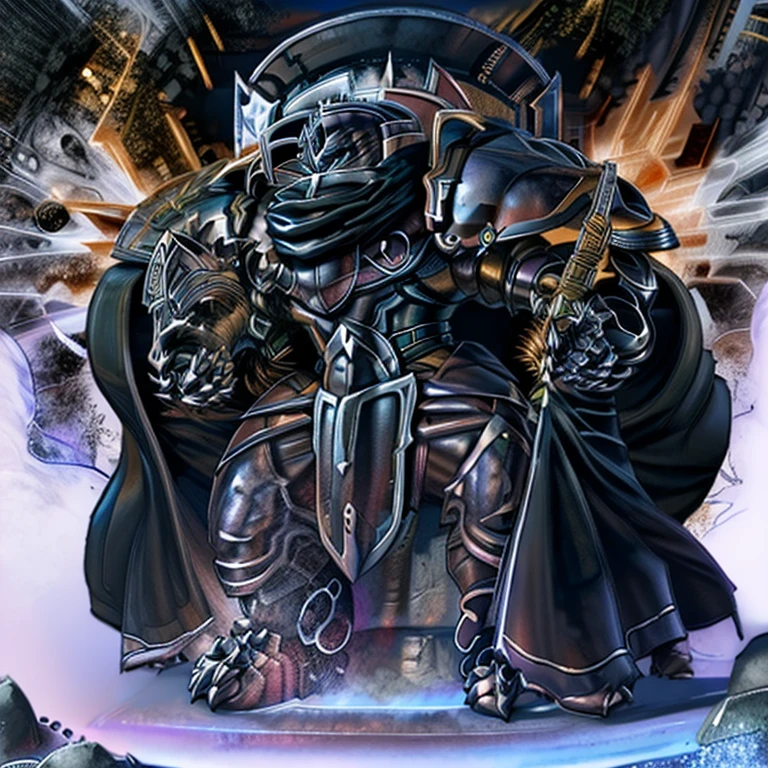(masterpiece, best quality, detailed:1.2) barrel(live a hero), detailed full body, a knight's mechanical armor, glowing wide and heavy armor, wears full body armor. massive muscles, huge pecs, chiseled abs, huge pectorals, exaggeratedly huge muscles. wearing a cloak. unusually developed muscular body big muscle, pecs, triceps, traps, waist narrow, unusually developed muscular body, Dark knight, BlackKnight_fe, The claws are sharp, Sharp teeth, He wears a black cloak on his back. sitting on the throne,