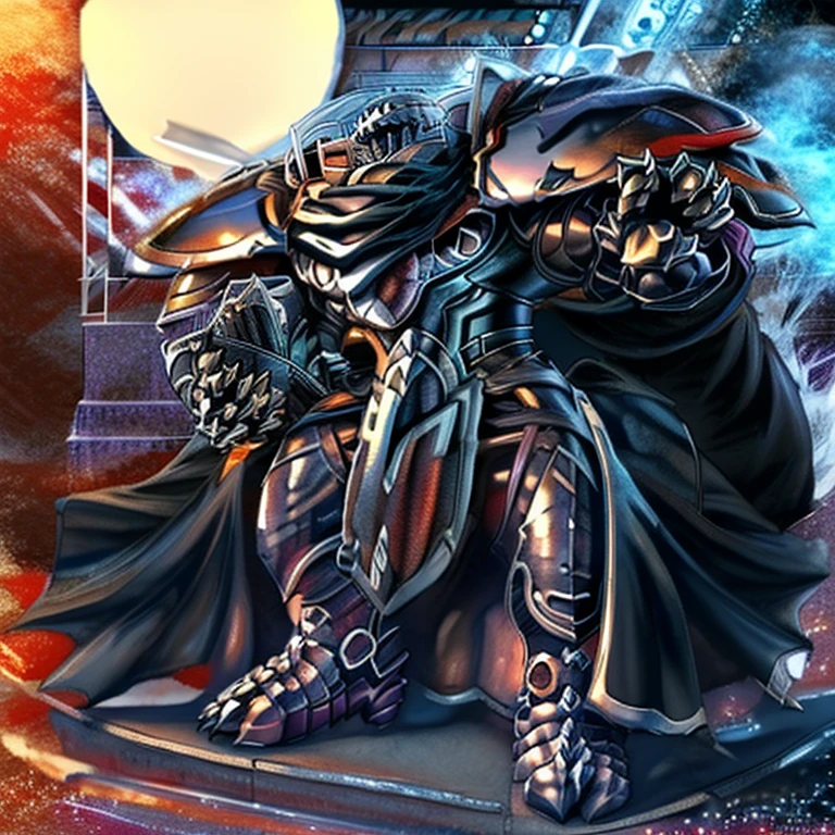 (masterpiece, best quality, detailed:1.2) barrel(live a hero), detailed full body, a knight's mechanical armor, glowing wide and heavy armor, wears full body armor. massive muscles, huge pecs, chiseled abs, huge pectorals, exaggeratedly huge muscles. wearing a cloak. unusually developed muscular body big muscle, pecs, triceps, traps, waist narrow, unusually developed muscular body, Dark knight, BlackKnight_fe, The claws are sharp, Sharp teeth, He wears a black cloak on his back. sitting on the throne,