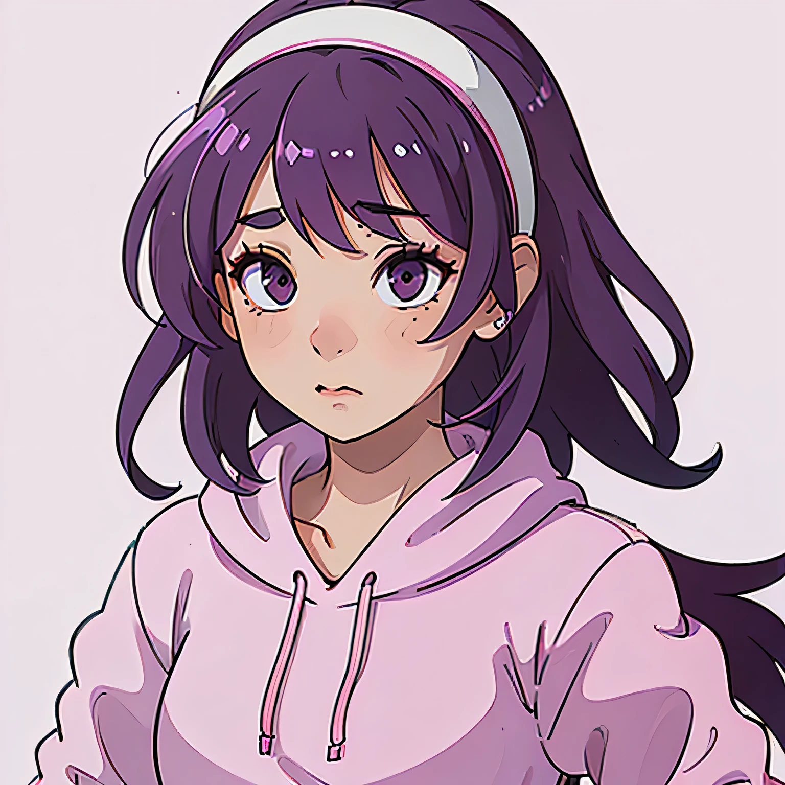 (best quality, ultra-detailed, realistic: 1.37), anime, a girl, pink cute ear headband, purple hair, pink hoodie, standing position, full body, pink sneakers, White Background