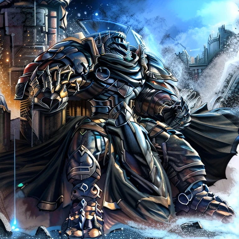 (masterpiece, best quality, detailed:1.2) barrel(live a hero), detailed full body, a knight's mechanical armor, glowing wide and heavy armor, wears full body armor. massive muscles, huge pecs, chiseled abs, huge pectorals, exaggeratedly huge muscles. wearing a cloak. unusually developed muscular body big muscle, pecs, triceps, traps, waist narrow, unusually developed muscular body, Dark knight, BlackKnight_fe, The claws are sharp, Sharp teeth, He wears a black cloak on his back. sitting on the throne,