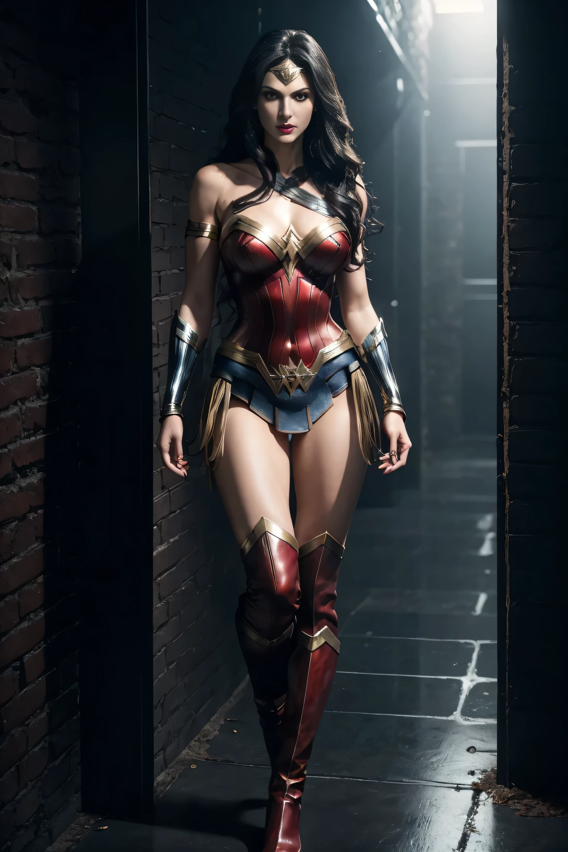 full body dark superheroine aka wonder woman, dark leather outfit, photorealistic leather boots, black long hair, black eyes, red lips, perfect hands, big breast, broad athletic shoulders, thin waist, long muscular legs, perfect hands, perfect legs, perfect breasts, detailed hands, perfect eyes, detailed eyes, perfect stomach, cool, measured sexy, perfect legs, perfect breasts, detailed hands, perfect eyes, detailed eyes, perfect stomach, cool, measured sexy, in a narrow corridor of a scary maze, twilight, dense fog, dirty floor with a startled expression