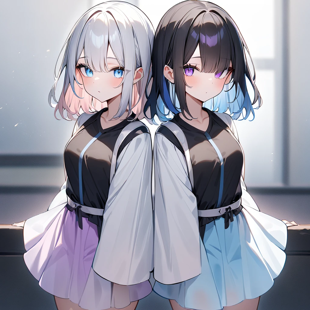 {{2girls}},masterpiece,best quality,very aesthetic,absurdres,cowboy shot,lightcolor,darkcolor,light hair,dark hair,White hair,light blue hair,light blue eyes,Lovely,translucent hair,dark purple eyes,headless,(black hair,one eyes),