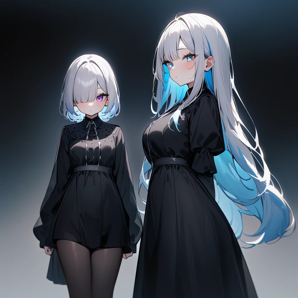 {{2girls}},masterpiece,best quality,very aesthetic,absurdres,cowboy shot,lightcolor,darkcolor,light hair,dark hair,White hair,light blue hair,light blue eyes,Lovely,translucent hair,dark purple eyes,headless,(black hair,one eyes),