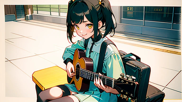 masterpiece, best quality, 1Girls green m-shaped bangs,A girl with short shoulder-length hair and small twin tails tied on both sides,Yellow eyes,Wearing a denim jacket and a white dress,Paired with black stockings and short boots for street performance in New York, casual, sit, Play the guitar, Film Grain, soft light, Smile, 8K