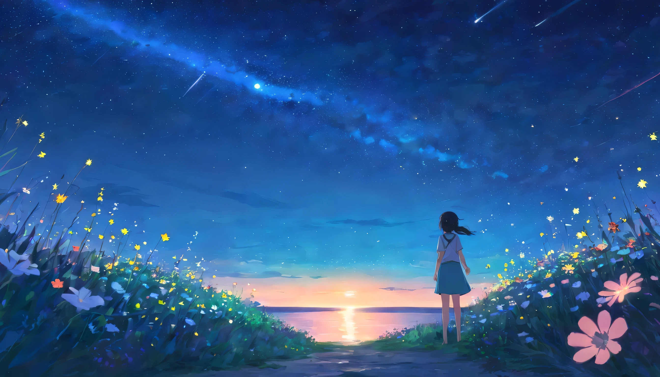 Vast starry sky landscape,Girl looking at the other side of the sky,meteor,Clear night sky,Glow worms,Sea of Flowers