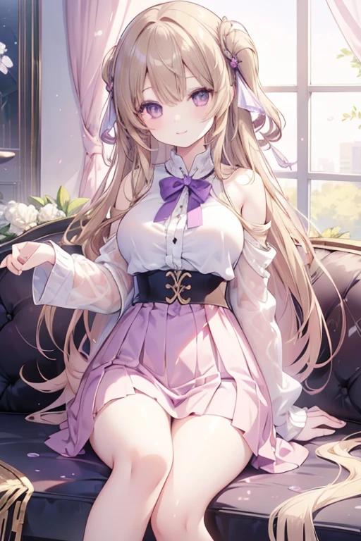 1 girl、anime style、美しい light brown hair、beautiful purple round eyes、long hair、transparent hair、translucent hair、Smile proudly、From the side、Western-style room、sofa、morning、Glossy skin、constricted waist、casual clotheini skirt
