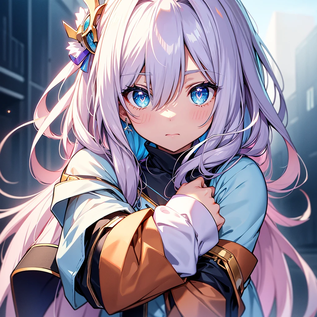 vtuber-halfbody、Bangs shorter than eyebrowasterpiece、Best Quality、Best illustrations、Super detailed、Upper Body、solo、1 girl、looking at the camera、upright、Arms at your sides、Beautiful detailed eyes、Concept Art、from the front、White background、Simple Background、Droopy eyes and big eyes、Super detailedな眼、Sparkling eyeilky white and blue gradient long hair、Short sleeve、water colored pencils、kind face、blush、Virtual YouTuber、