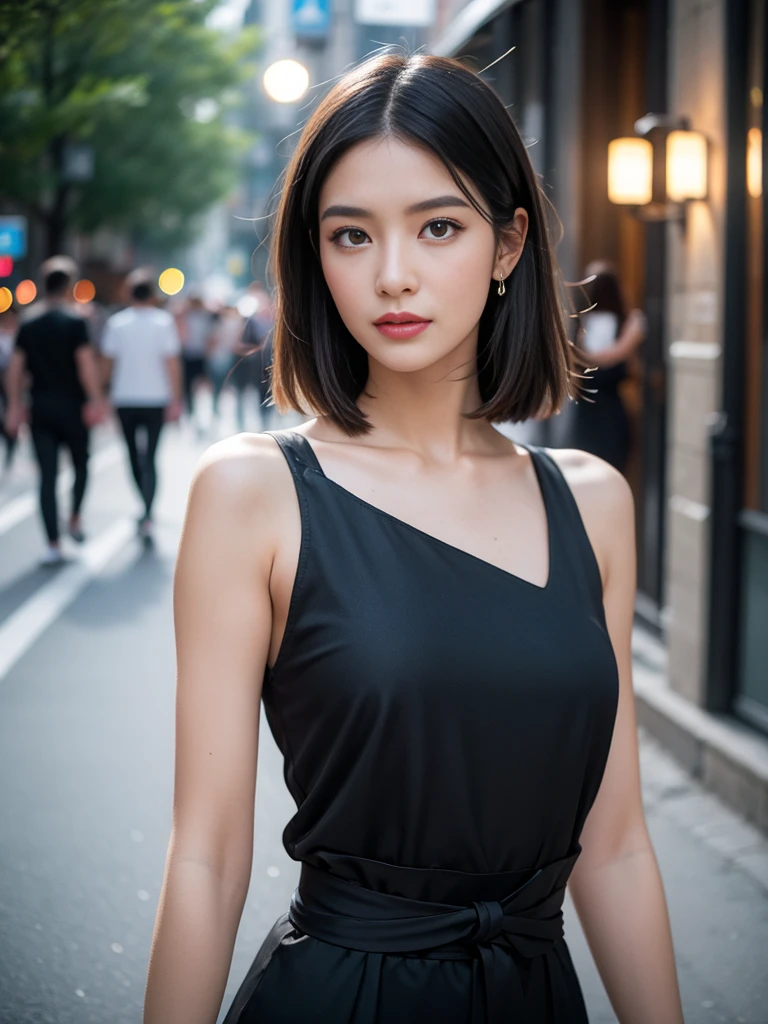 (upper body:1.5), nikon RAW photo,8 k, Fujifilm XT3,masterpiece, best quality, realistic, photorealistic, ultra detailed, extremely detailed face, solo,1girl, standing, fashionable and trendy atmosphere, and a stylish expression on her face, close up, (narrow waist), black dress, walking, at the dark streets, moonrise, sleeveless, fabric clothes,