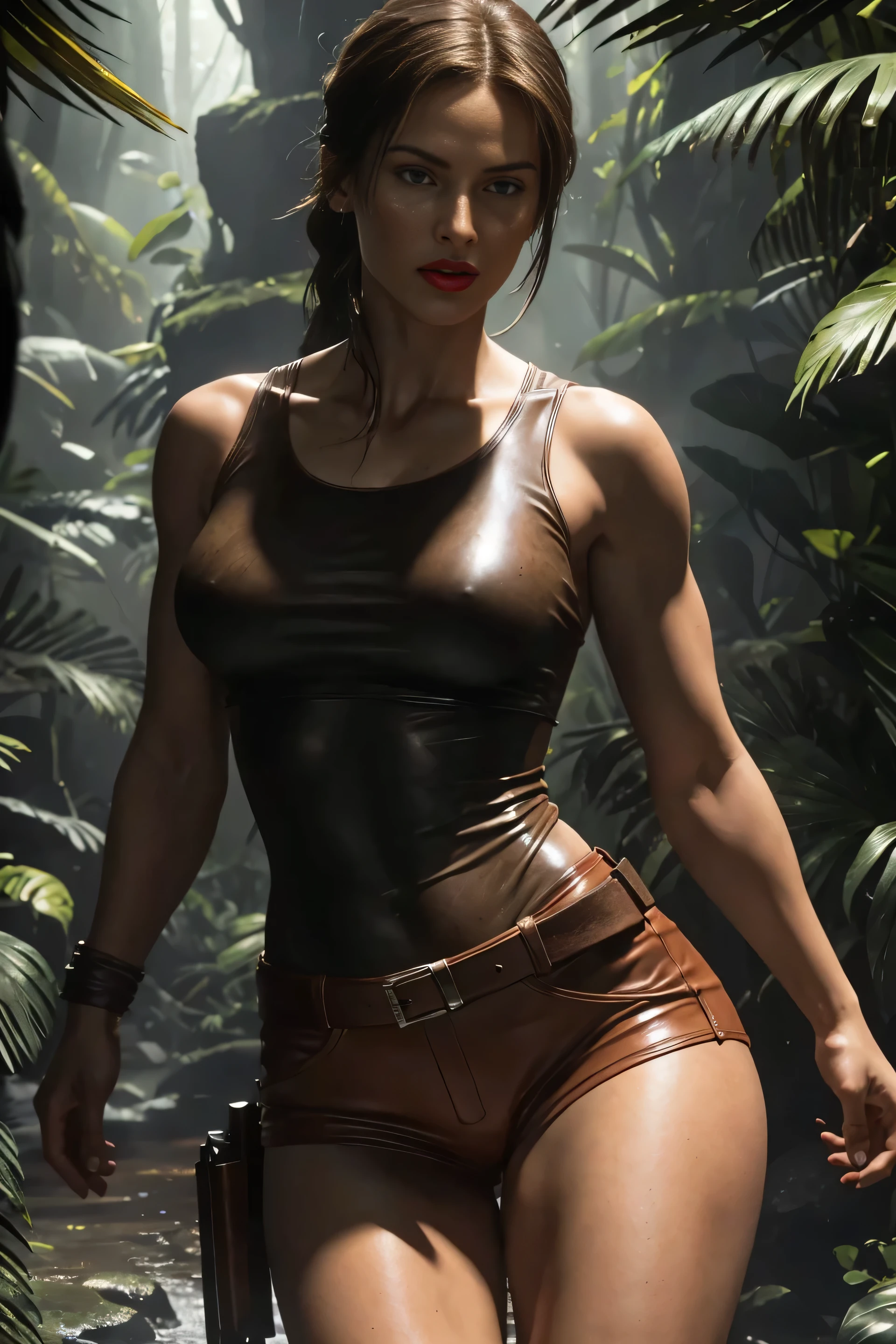 Masterpiece, realism, digital art, full bod of a woman who is lara croft, long brown ponytail, brown eyes, girlish face, long graceful neck, red lips, long muscular thighs, short tight brown leather shorts, pale green sleeveless torn t-shirt, brown leather boots , art by Karol Bak, bird fighter, ultra-realistic hyper-realistic, edge lighting, cinematic, perfect contrast, high sharpness, depth of field, ultra detailed photography, global illumination, smooth, ultra high definition, 8k, unreal engine 5, ultra sharp focus, award-winning photo in the jungle