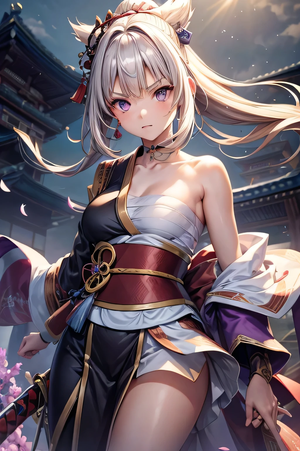 (masterpiece, best quality, dutch angle)(1girl, solo)(white hair,Purple Eyes,Straight long hair)(sarashi,japanese clothes,one shoulder、Wear one kimono:1.4、One shoulder exposed)(Serious expression, Woman holding a sword:1.3、floating hair)(In front of the samurai residence、Mystical Night、Particles of light float around the woman、Space for fantasy)