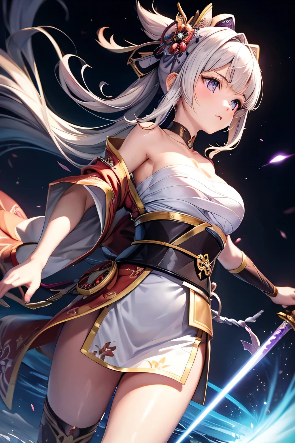 (masterpiece, best quality, dutch angle)(1girl, solo)(white hair,Purple Eyes,Straight long hair)(sarashi,japanese clothes,one shoulder、Wear one kimono:1.4、One shoulder exposed)(Serious expression, Woman holding a sword:1.3、floating hair)(In front of the samurai residence、Mystical Night、Particles of light float around the woman、Space for fantasy)
