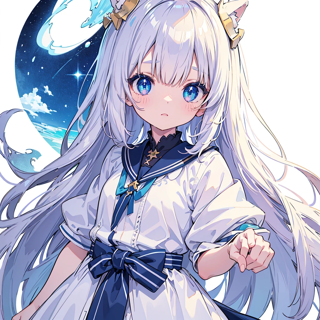 vtuber-halfbody、Bangs shorter than eyebrowasterpiece、Best Quality、Best illustrations、Super detailed、Upper Body、solo、1 girl、looking at the camera、upright、Arms at your sides、Beautiful detailed eyes、Concept Art、from the front、White background、Simple Background、Droopy eyes and big eyes、Super detailedな眼、Sparkling eyeilky white and blue gradient long hair、Short sleeve、water colored pencils、kind face、blush、Virtual YouTuber、