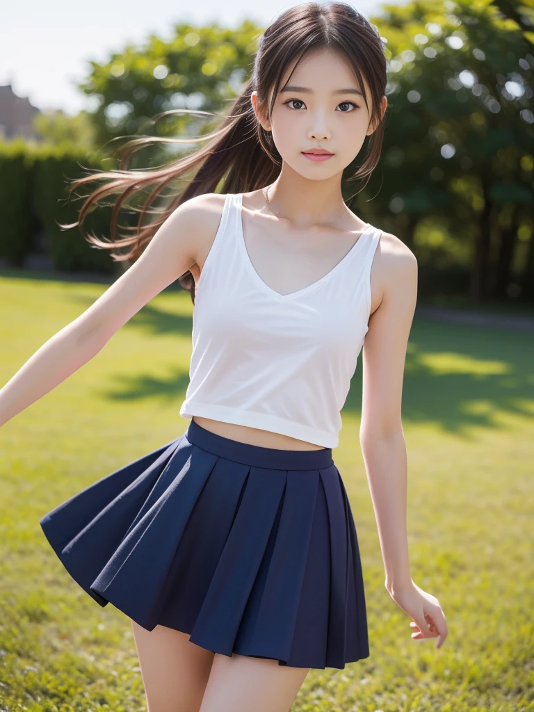 (masterpiece, highest quality:1.4), Award-winning portraits, 8k, 85mm, alone, Beautiful Face, Delicate girl,  (Cheerleader、On the grass), Sophisticated, cute, 15 years old, RAW Photos, Confused, High resolution, Sharp focus, Background Blur、(((flat  、thin and delicate body、Childish atmosphere)))、shiny semi-long hair、ponytail、Mole on the left cheek、 Dark blue eyes、the skirt is swaying in the wind、Hair swaying in the wind、sexy、flexible legs