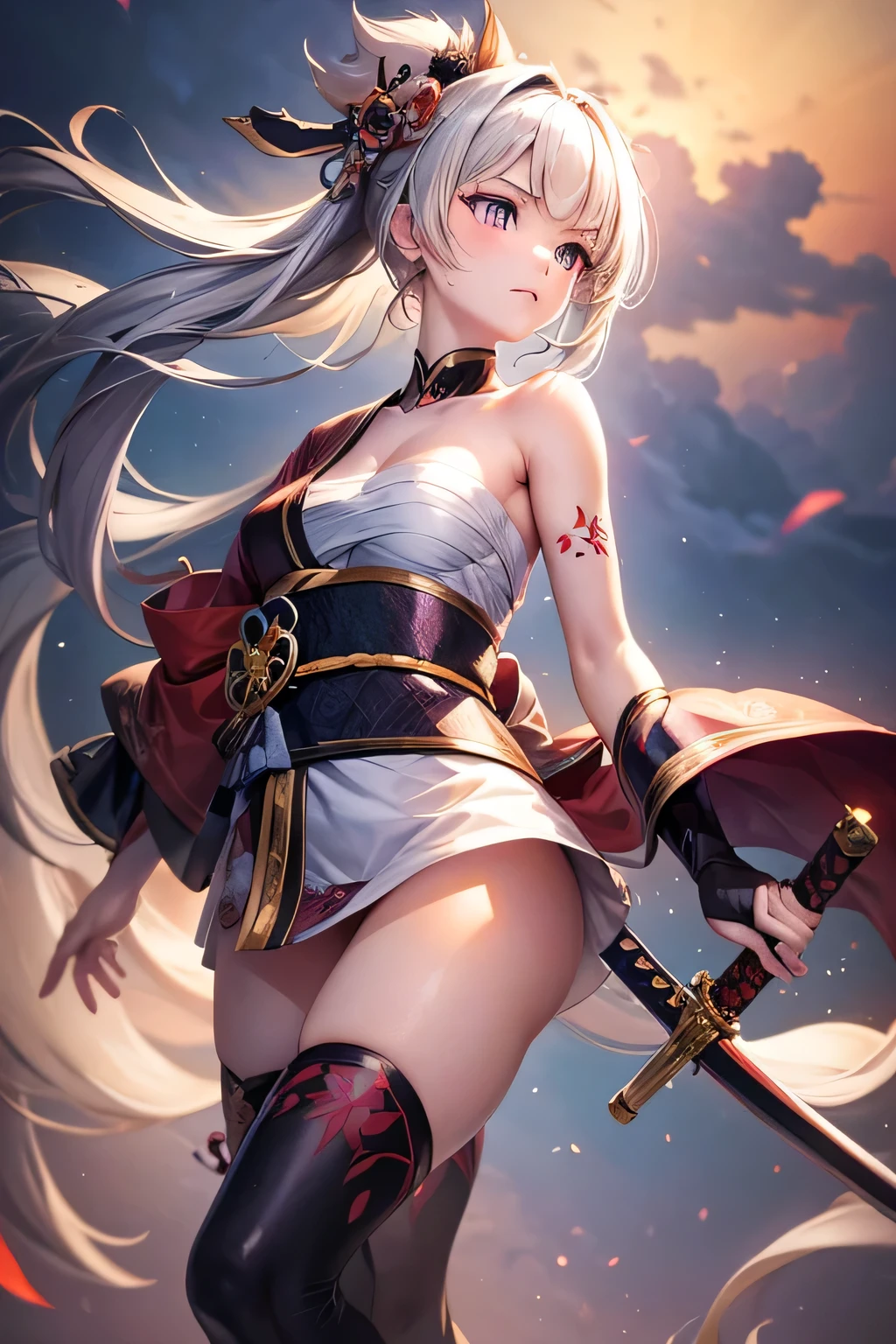 (masterpiece, best quality, dutch angle)(1girl, solo)(white hair,Purple Eyes,Straight long hair)(sarashi,japanese clothes,one shoulder、Wear one kimono:1.4、One shoulder exposed)(Serious expression, Woman holding a sword:1.3、floating hair)(In front of the samurai residence、Mystical Night、Particles of light float around the woman、Space for fantasy)
